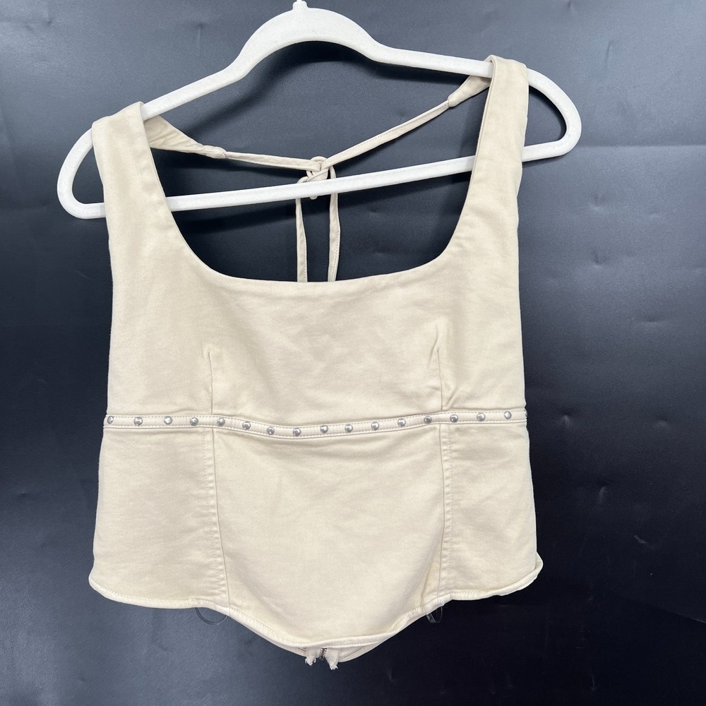 NEW Fairycore biker boho festival halter top beige studded stretch denim XXL